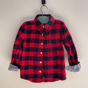 Oshkosh Buffalo Plaid Flannel Shirt Boys 3T Red Black Check Denim Cuff Cabincore